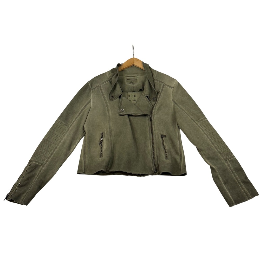 Marrakech Olive Green Faux Suede Studded Moto Jacket Womens Large Ribbed Biker